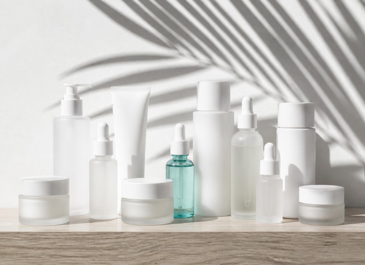 Unlabeled white and frosted glass skincare bottles on a pale oak shelf under palm shadows
