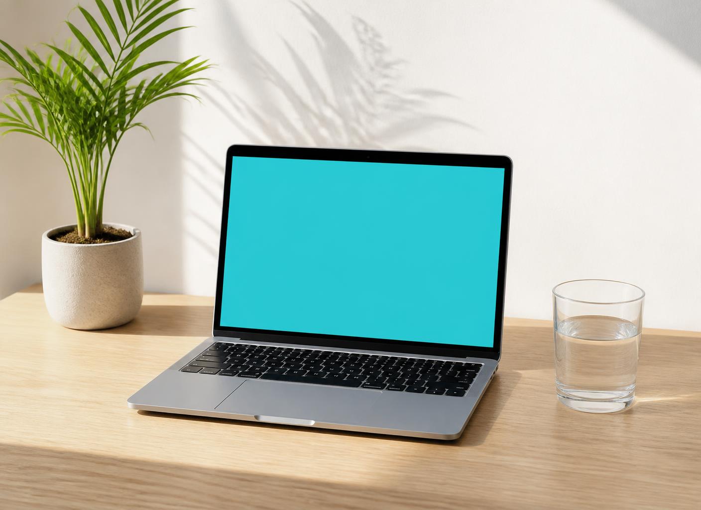 Open laptop on a light wood desk beside a small potted palm and a glass of water